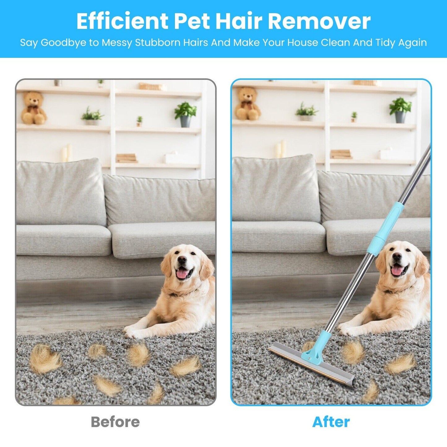 Pet Hair Removal Rake Set 54"Telescopic Handle Broom for Dog Cat Carpet Cleaner