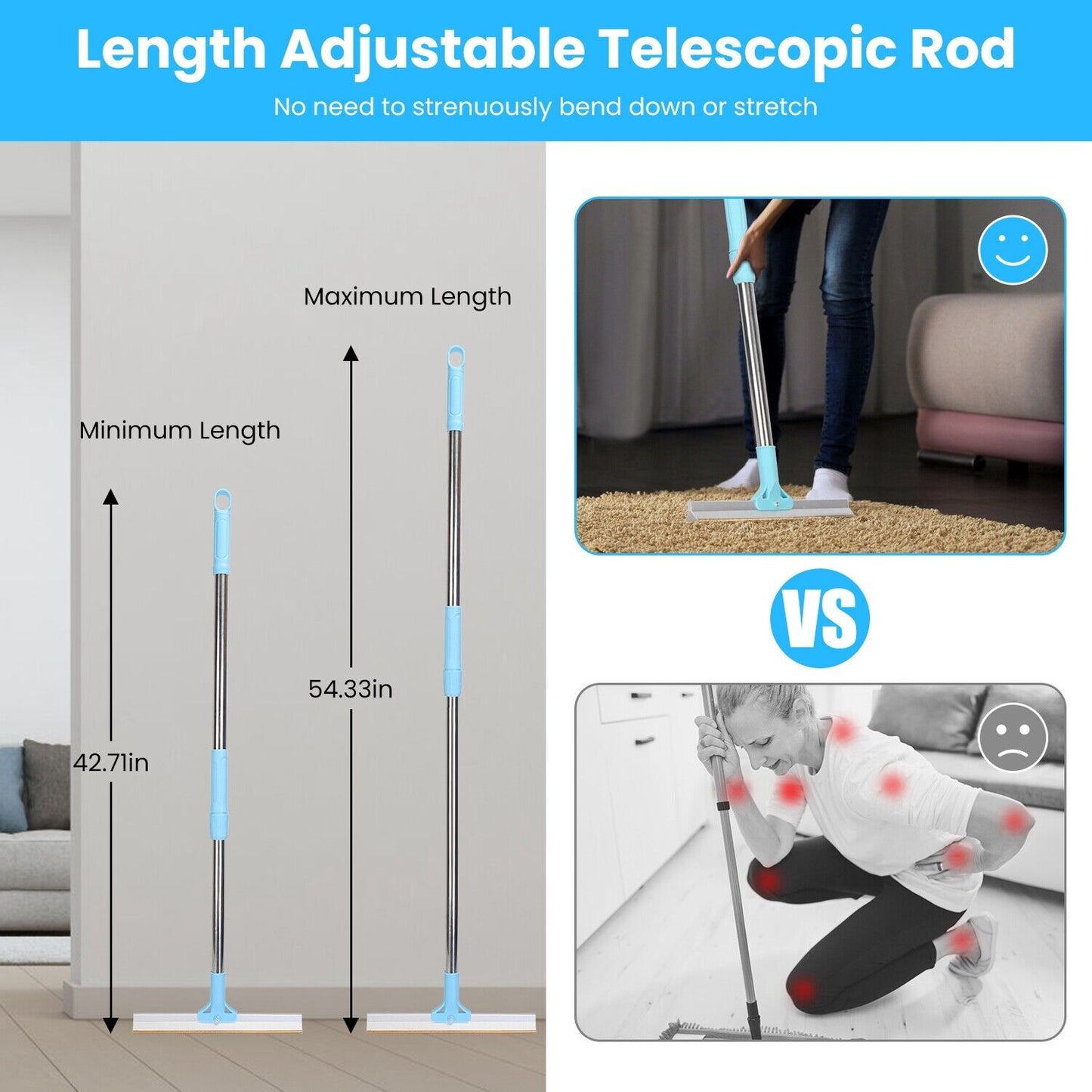 Pet Hair Removal Rake Set 54"Telescopic Handle Broom for Dog Cat Carpet Cleaner