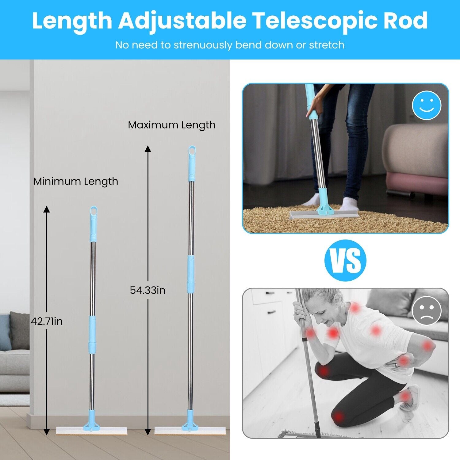 Pet Hair Removal Rake Set 54"Telescopic Handle Broom for Dog Cat Carpet Cleaner
